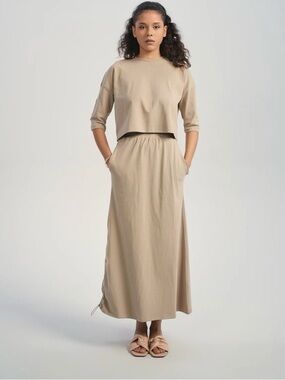 Aleeza Paris Beige Drawstring Side Ruched with pockets Maxi Skirt